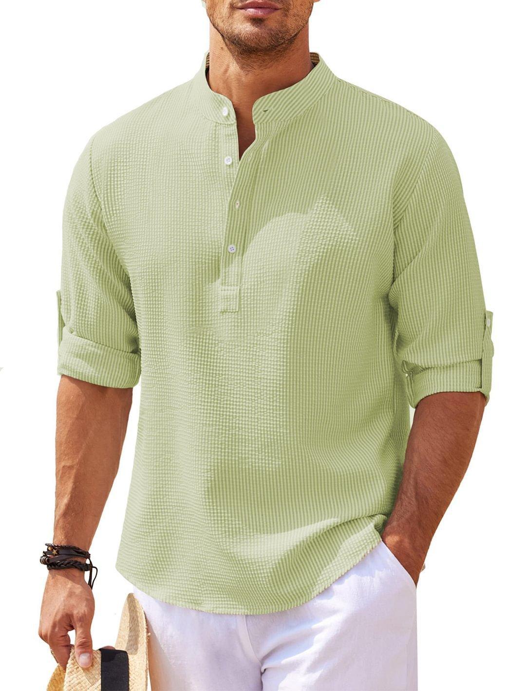"Men's Casual Shirt Long Sleeve Stand Collar Solid Color Shirt Mens Clothing - MANDOTOS"