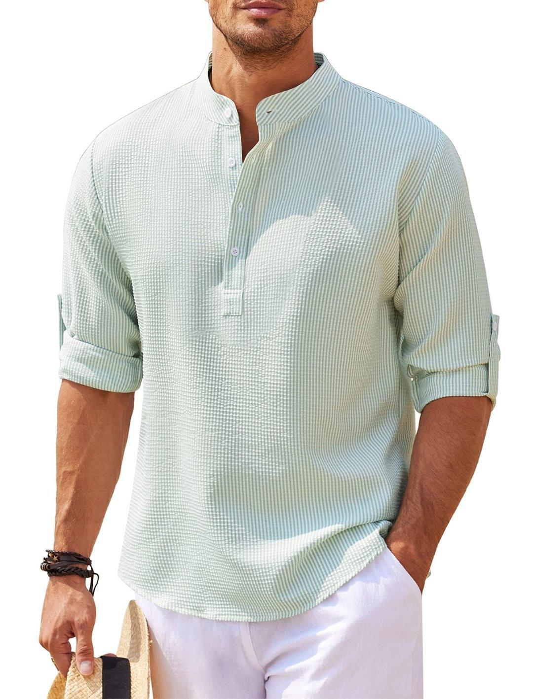 "Men's Casual Shirt Long Sleeve Stand Collar Solid Color Shirt Mens Clothing - MANDOTOS"