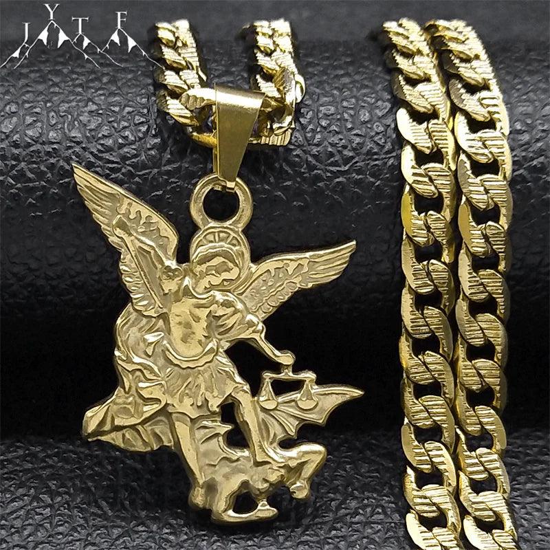 "SAINT MICHAEL PROTECT US Archangel Stainless Steel Pendant Necklace for Women Men Gold Color Necklace Choker Jewelry Collares - MANDOTOS"