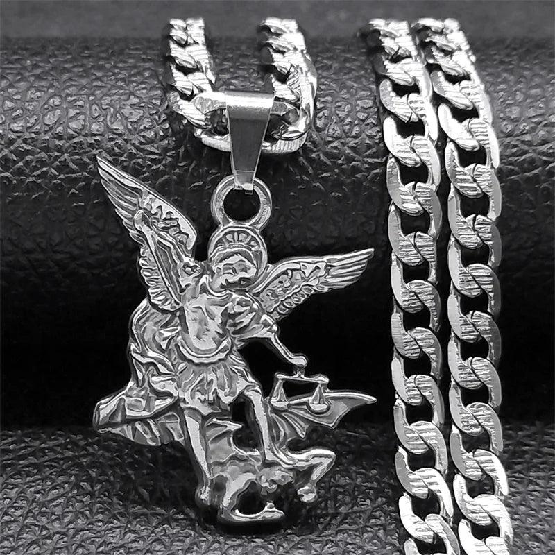 "SAINT MICHAEL PROTECT US Archangel Stainless Steel Pendant Necklace for Women Men Gold Color Necklace Choker Jewelry Collares - MANDOTOS"