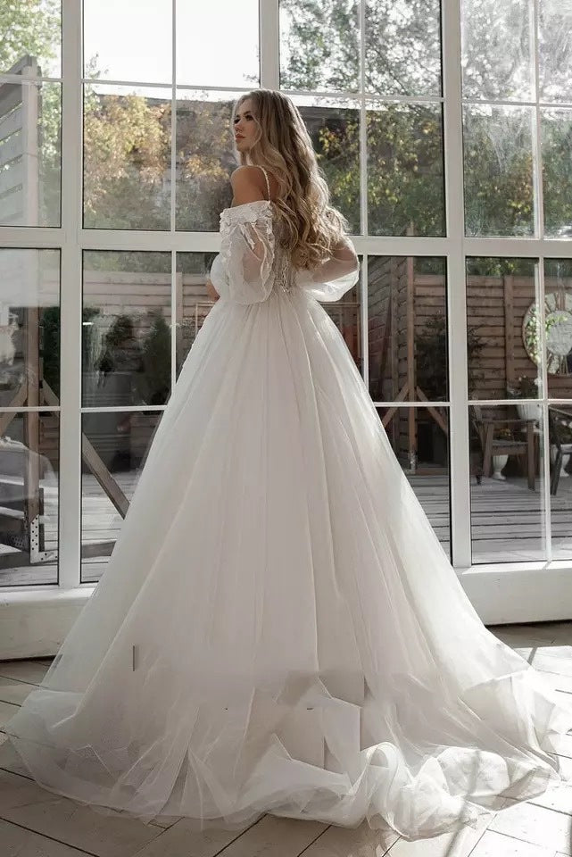 "Boho Bride Puff Sleeve Off-Shoulder Wedding Gown - MANDOTOS"