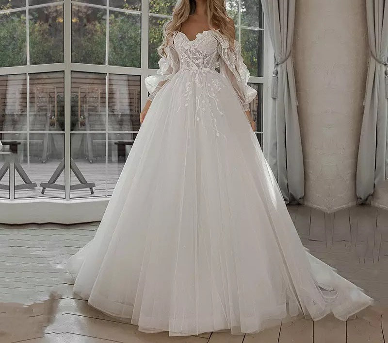 "Boho Bride Puff Sleeve Off-Shoulder Wedding Gown - MANDOTOS"