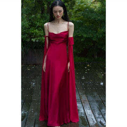 "Luxury Satin Wine Red Wedding Photo Gown - MANDOTOS"