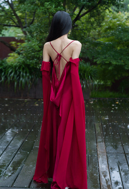 "Luxury Satin Wine Red Wedding Photo Gown - MANDOTOS"