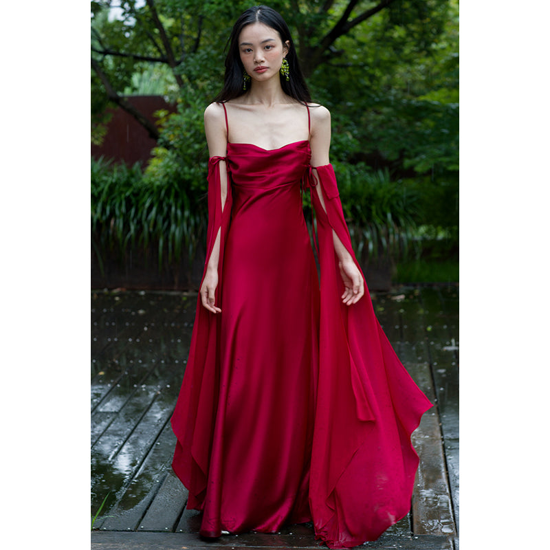 "Luxury Satin Wine Red Wedding Photo Gown - MANDOTOS"