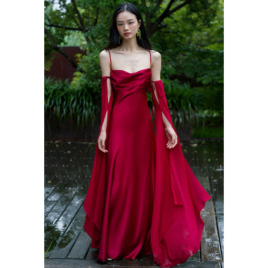 "Luxury Satin Wine Red Wedding Photo Gown - MANDOTOS"