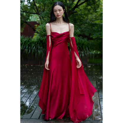 "Luxury Satin Wine Red Wedding Photo Gown - MANDOTOS"