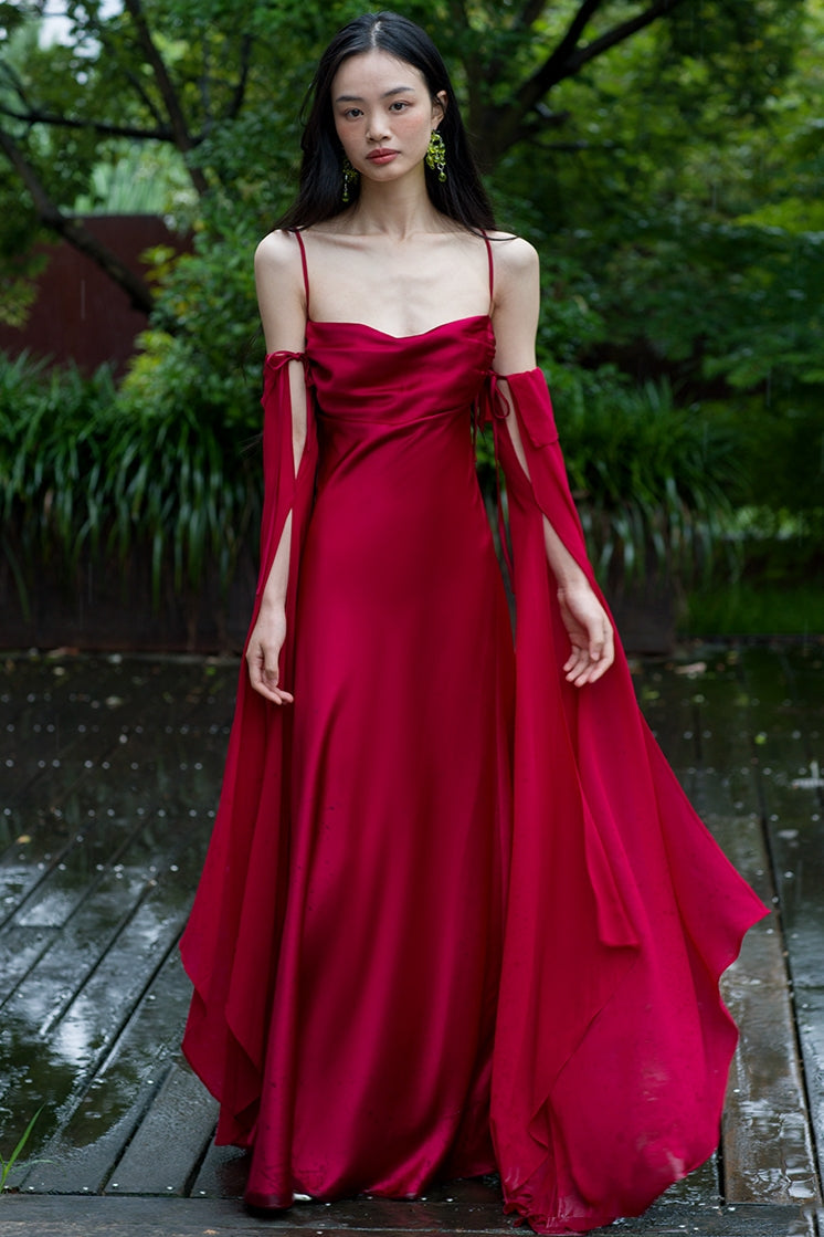 "Luxury Satin Wine Red Wedding Photo Gown - MANDOTOS"