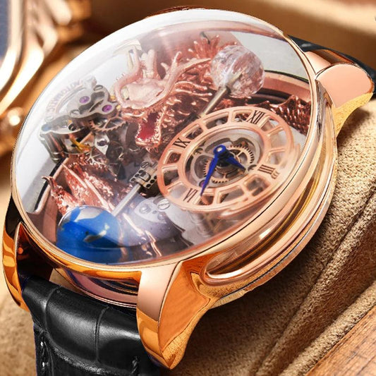 "PINDU Design Art astronomique Sculpture Traditionnelle Artisanat Dragon dor en Trois Dimensions Men Watch Transparent Case Globe - MANDOTOS"