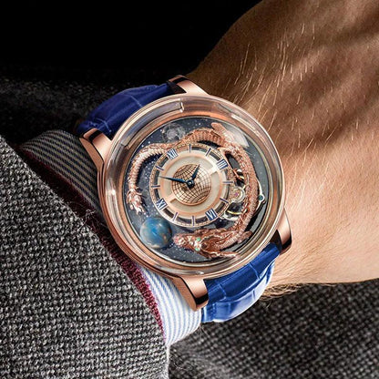 "PINDU Design Art astronomique Sculpture Traditionnelle Artisanat Dragon dor en Trois Dimensions Men Watch Transparent Case Globe - MANDOTOS"