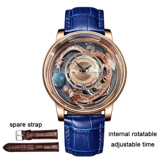 "PINDU Design Art astronomique Sculpture Traditionnelle Artisanat Dragon dor en Trois Dimensions Men Watch Transparent Case Globe - MANDOTOS"