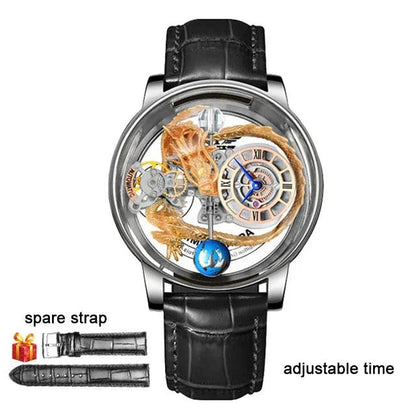 "PINDU Design Art astronomique Sculpture Traditionnelle Artisanat Dragon dor en Trois Dimensions Men Watch Transparent Case Globe - MANDOTOS"