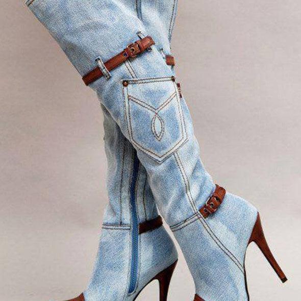 "Women's Denim Plus Size Boots Stitching High Heel Knee-high Boots - MANDOTOS"