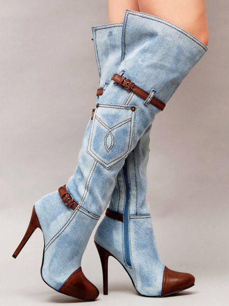 "Women's Denim Plus Size Boots Stitching High Heel Knee-high Boots - MANDOTOS"