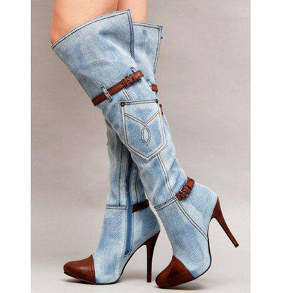 "Women's Denim Plus Size Boots Stitching High Heel Knee-high Boots - MANDOTOS"