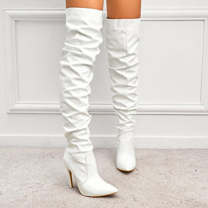 "High Heel Elastic Knee Length Patent Leather Boots - MANDOTOS"