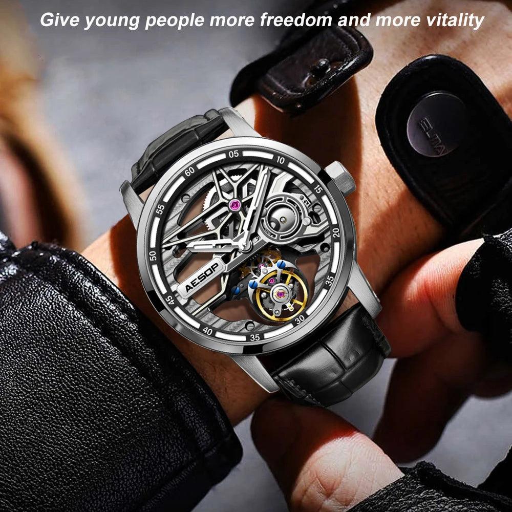 "AESOP Men Flying Tourbillon Mechanical Full Skeleton Waterproof Watches Top Brand Luxury Watch for Men Sapphire With Diamond Man - MANDOTOS"