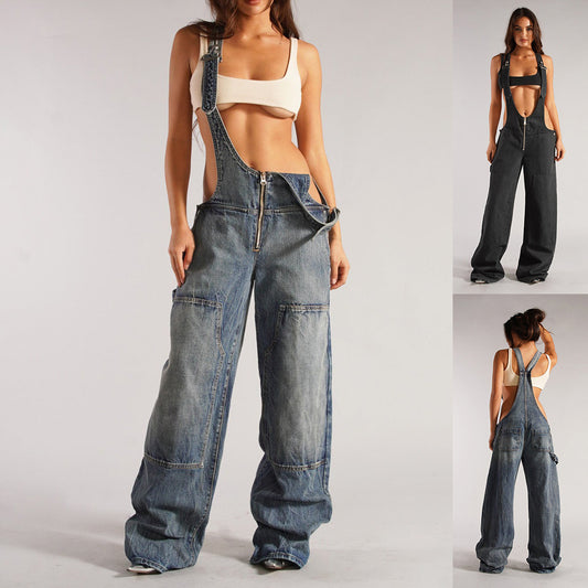 Y2K Zipper Denim Overalls With Pockets Fashion Loose Suspender Jumpsuit Streetwear Jeans Pants Womens Clothing - MANDOTOS