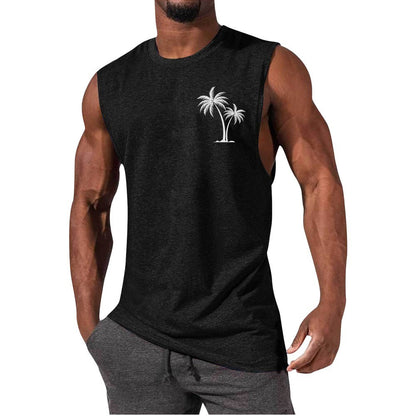 Coconut Tree Embroidery Vest Summer Beach Tank Tops Workout Muscle Men Sports Fitness T-shirt - MANDOTOS