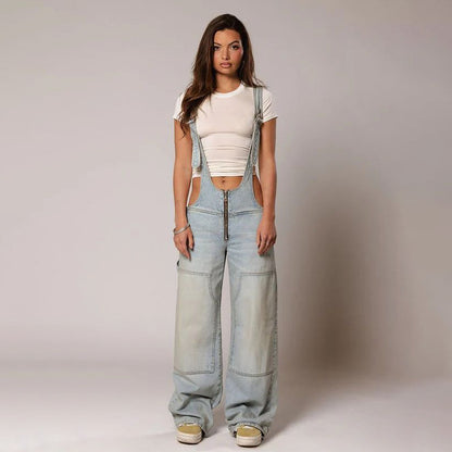 Y2K Zipper Denim Overalls With Pockets Fashion Loose Suspender Jumpsuit Streetwear Jeans Pants Womens Clothing - MANDOTOS
