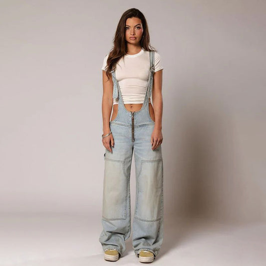 Y2K Zipper Denim Overalls With Pockets Fashion Loose Suspender Jumpsuit Streetwear Jeans Pants Womens Clothing - MANDOTOS