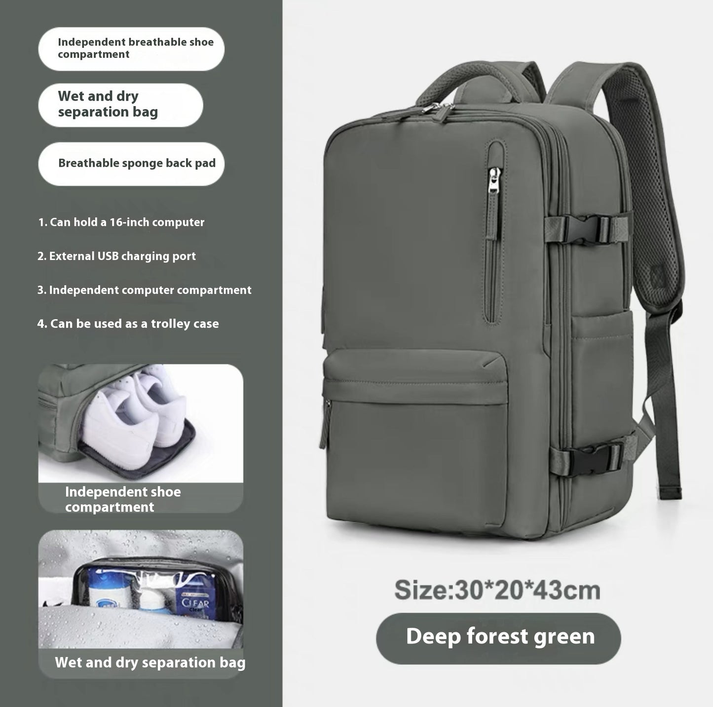Ancient Energy large capacity travel backpack with multiple compartments, suitable for students and school use, in black with padded straps.