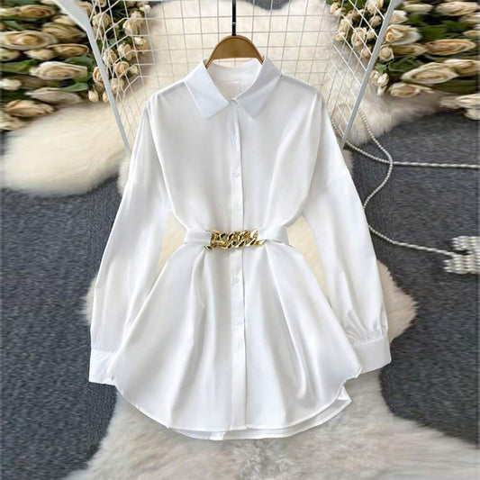 Women's Elegant Lapel Button-Down Top With Adjustable Metal Waist Belt Solid Color Loose Fit Blouse For Casual & Office Wear