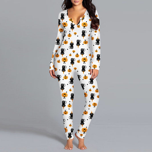 Halloween Printed Jumpsuit Long Sleeve Home Pajamas Casual Trousers Women's Cos Clothing - MANDOTOS