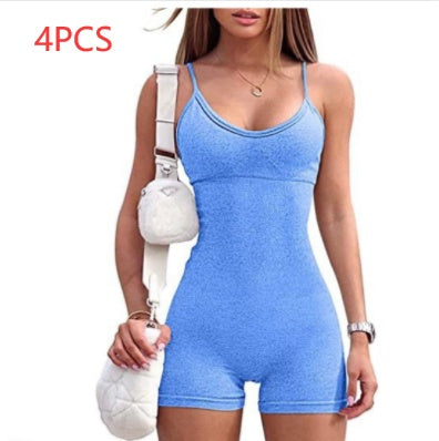 Spaghetti Strap Shorts Jumpsuit Sports Yoga Workout Tight Romper Women Fashion Fitness Sportwear - MANDOTOS