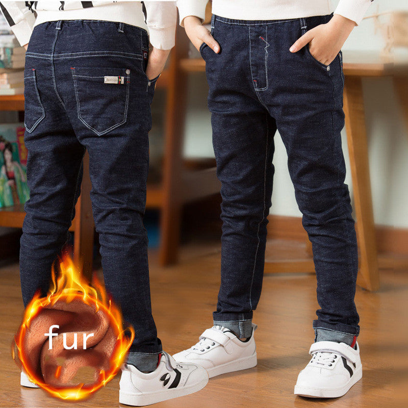 Children's boys' jeans with thick fleece lining, winter casual wear by Ancient Energy, featuring denim fabric and warm, comfortable fit.