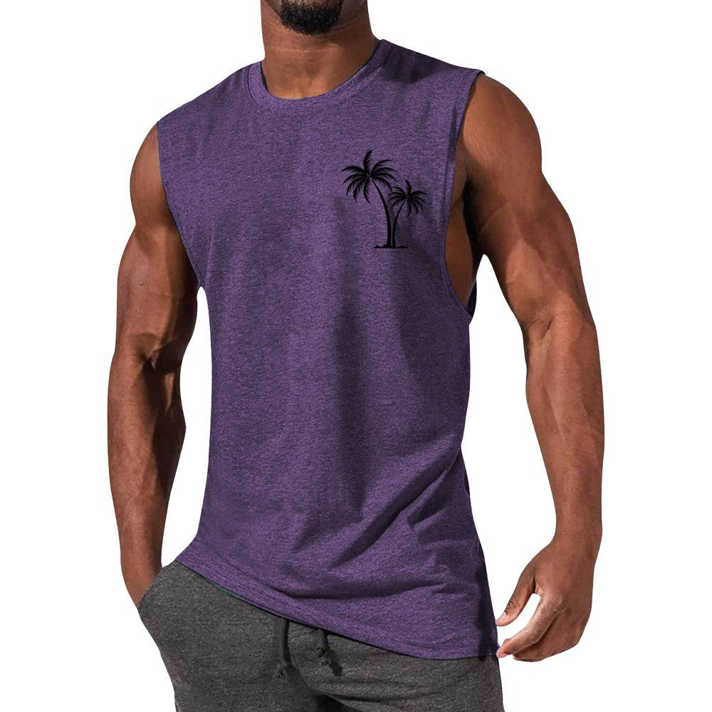 Coconut Tree Embroidery Vest Summer Beach Tank Tops Workout Muscle Men Sports Fitness T-shirt - MANDOTOS