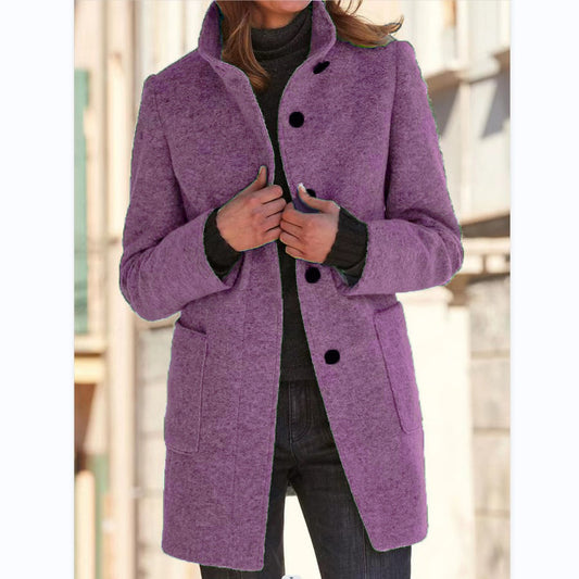 Fashion Stand Collar Woolen Coat With Pockets Fall Winter Casual Button Outwear For Women Clothing - MANDOTOS