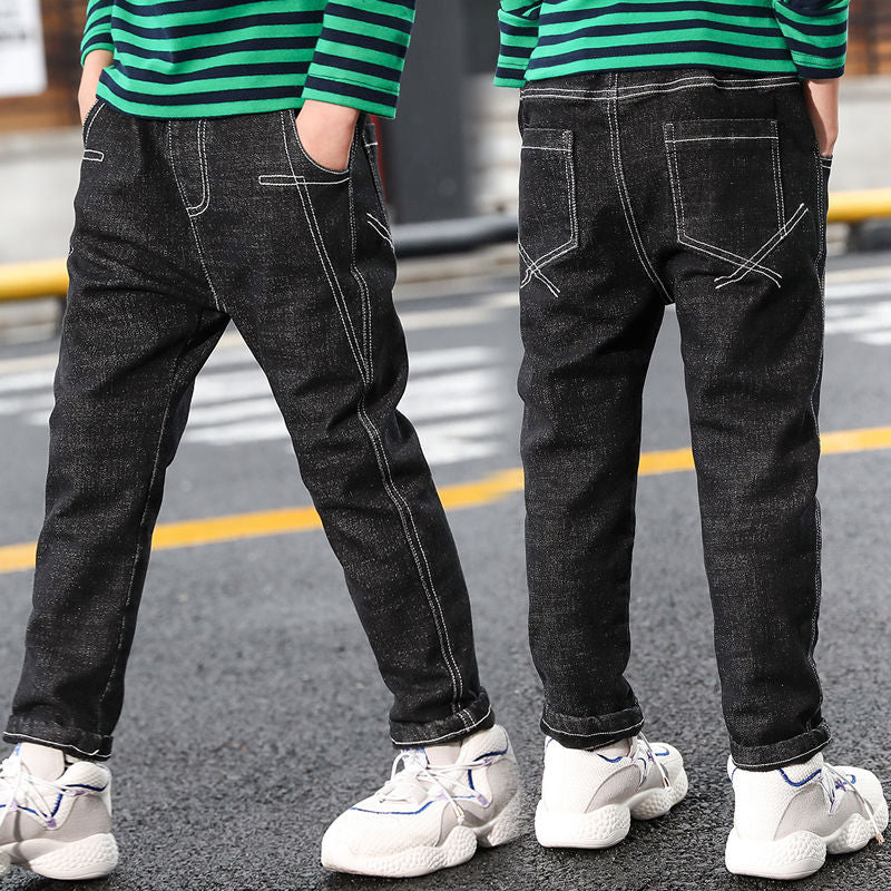 Boys' velvet one-piece jeans for autumn and winter by Ancient Energy, featuring a cozy, warm design suitable for cold weather.
