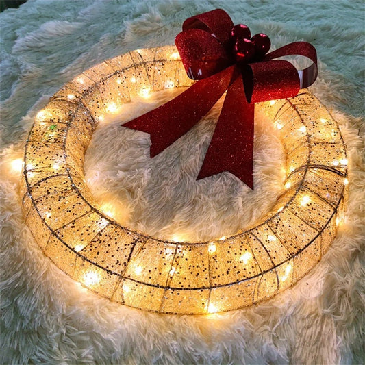 Christmas Garland 50CM Luminous LED Warm Light Metal Luminous Wreath With Big Bowknot Christmas Front Door Home Holiday Party Door Hanging Decor - MANDOTOS