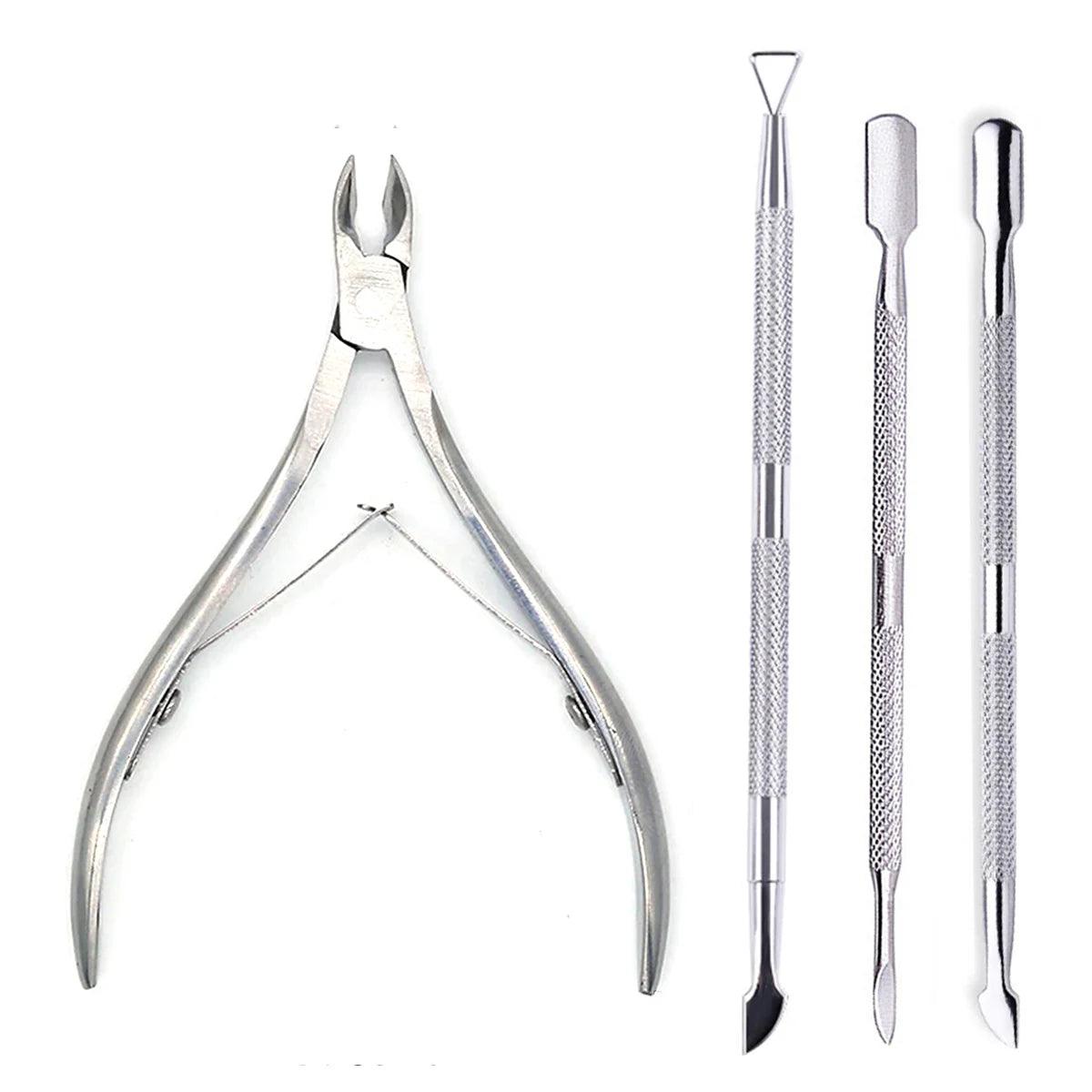 4 Pcs/Set Professional Stainless Steel Nail Cutter Scissor Nippers Muti Function Cuticle Pusher Remover Nail Care Manicure Kits - MANDOTOS