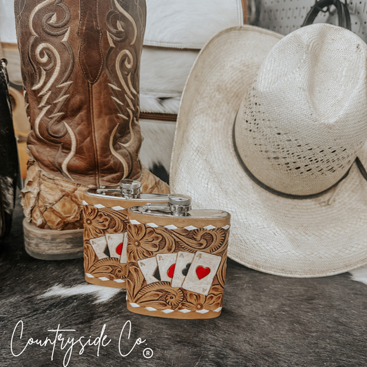 Gambler Tooled Leather Flask: Handcrafted Stainless Steel 7 oz Capacity Artisan Beverage Holder -