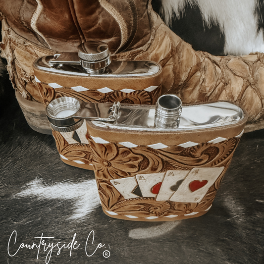 Gambler Tooled Leather Flask: Handcrafted Stainless Steel 7 oz Capacity Artisan Beverage Holder -