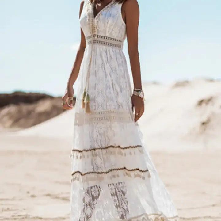 Lace-Trimmed V-Neck Maxi Dress - MANDOTOS