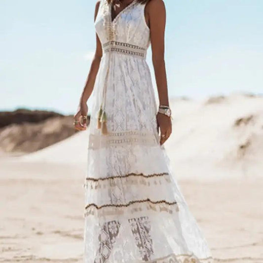 Lace-Trimmed V-Neck Maxi Dress - MANDOTOS