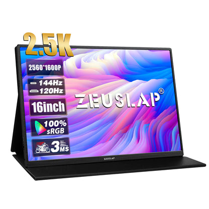 ZEUS 16-inch 2.5K portable gaming monitor with 144Hz refresh, touchscreen on a desk stand.