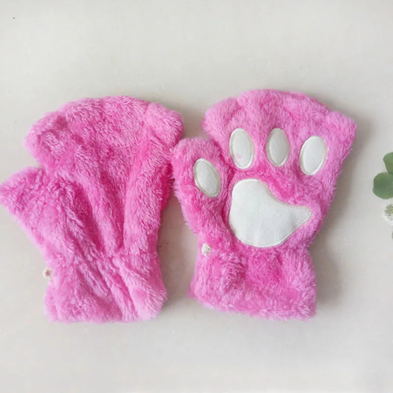 New Women Cute Cat Claw Paw Plush Mittens Warm Soft Plush Short Fingerless Fluffy Bear Cat Gloves Costume Half Finger Party Gift - MANDOTOS