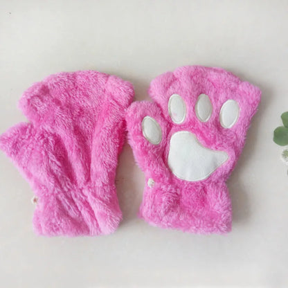 New Women Cute Cat Claw Paw Plush Mittens Warm Soft Plush Short Fingerless Fluffy Bear Cat Gloves Costume Half Finger Party Gift - MANDOTOS