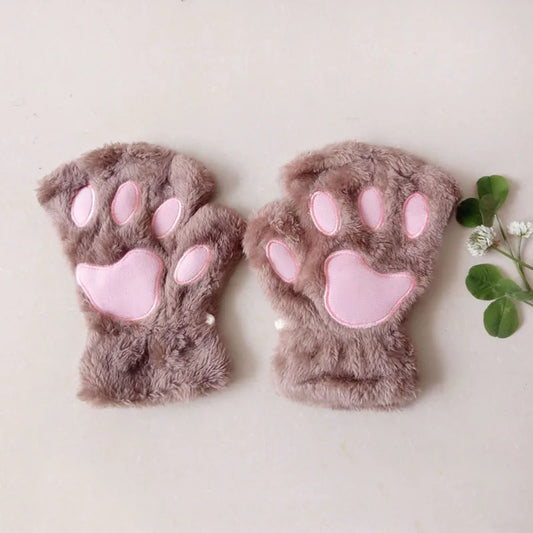 New Women Cute Cat Claw Paw Plush Mittens Warm Soft Plush Short Fingerless Fluffy Bear Cat Gloves Costume Half Finger Party Gift - MANDOTOS