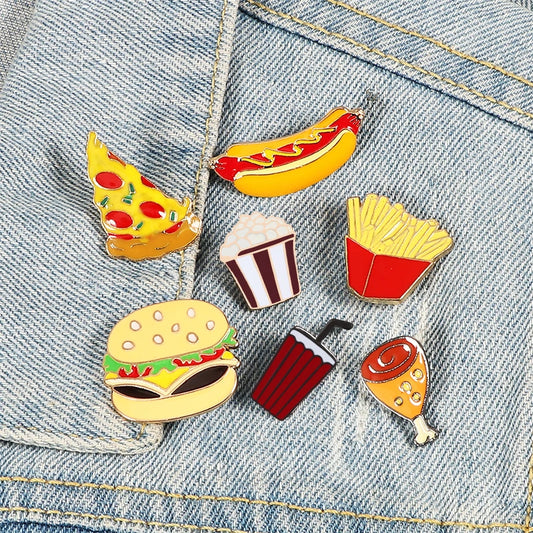 13 Style Snack Brooch Burger Pizza Chicken Drinks Coffee Popcorn French Fries Hot Dog Enamel Pins Food Brooche For Women Jewelry - MANDOTOS