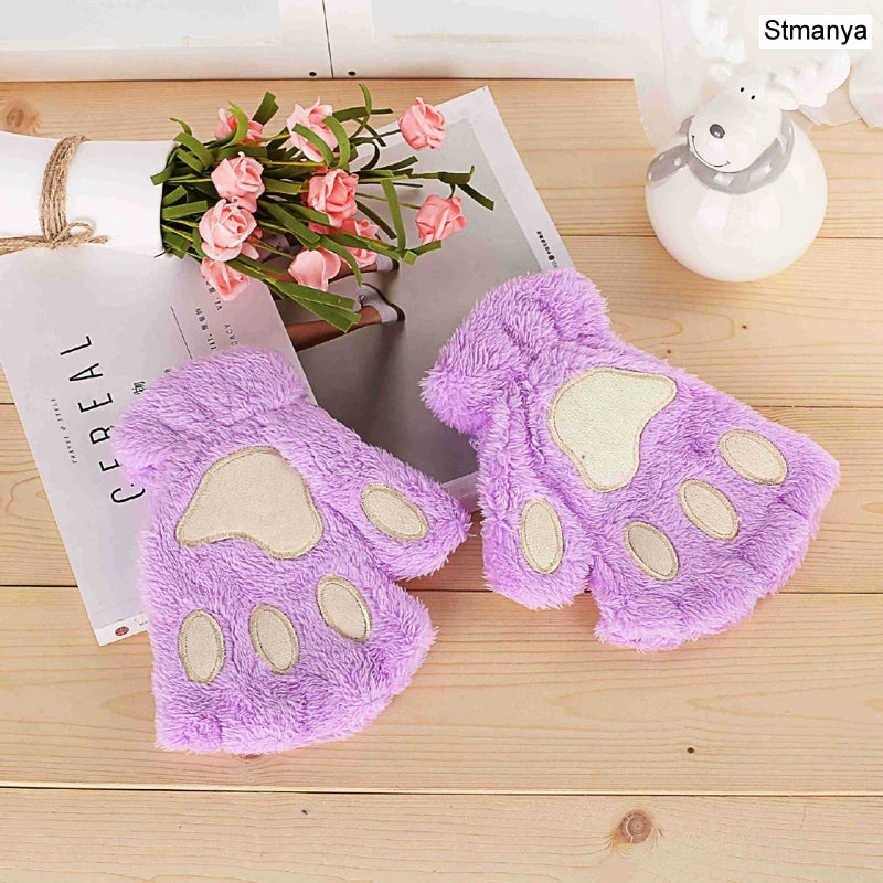 New Women Cute Cat Claw Paw Plush Mittens Warm Soft Plush Short Fingerless Fluffy Bear Cat Gloves Costume Half Finger Party Gift - MANDOTOS