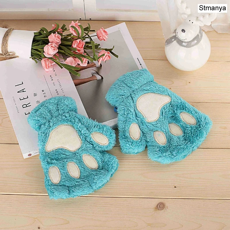 New Women Cute Cat Claw Paw Plush Mittens Warm Soft Plush Short Fingerless Fluffy Bear Cat Gloves Costume Half Finger Party Gift - MANDOTOS