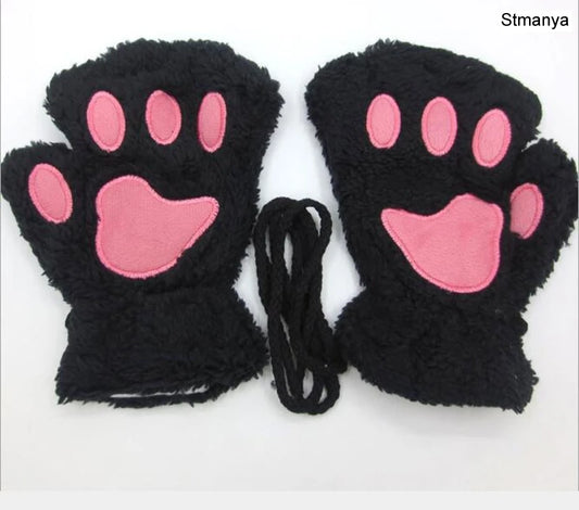 New Women Cute Cat Claw Paw Plush Mittens Warm Soft Plush Short Fingerless Fluffy Bear Cat Gloves Costume Half Finger Party Gift - MANDOTOS