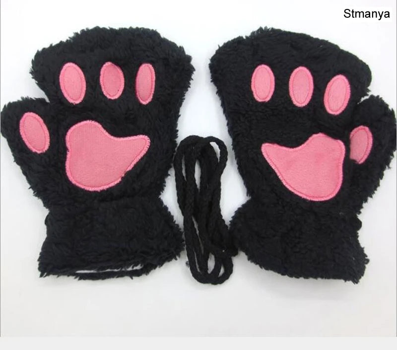 New Women Cute Cat Claw Paw Plush Mittens Warm Soft Plush Short Fingerless Fluffy Bear Cat Gloves Costume Half Finger Party Gift - MANDOTOS