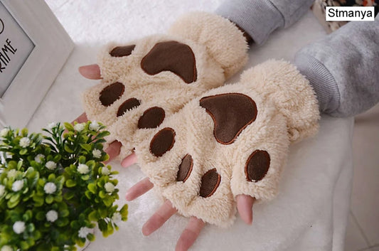 New Women Cute Cat Claw Paw Plush Mittens Warm Soft Plush Short Fingerless Fluffy Bear Cat Gloves Costume Half Finger Party Gift - MANDOTOS
