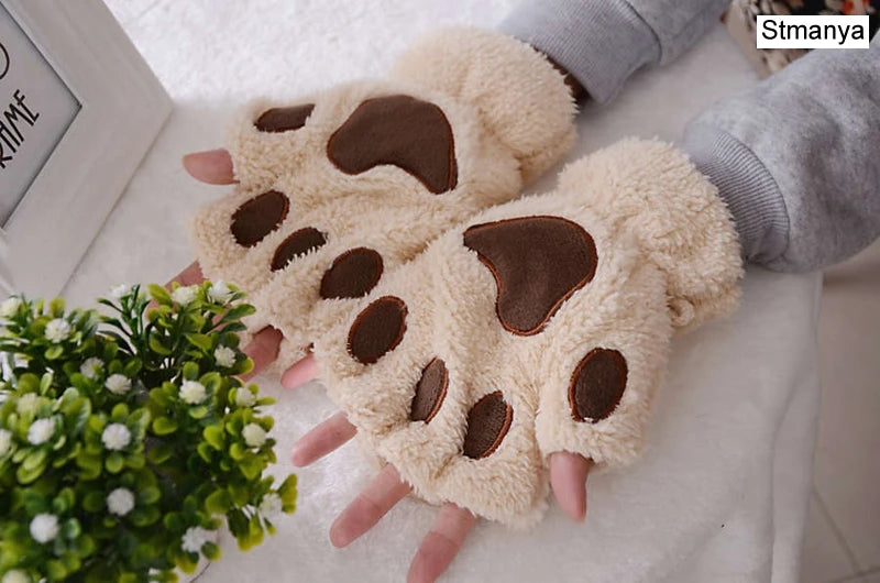 New Women Cute Cat Claw Paw Plush Mittens Warm Soft Plush Short Fingerless Fluffy Bear Cat Gloves Costume Half Finger Party Gift - MANDOTOS